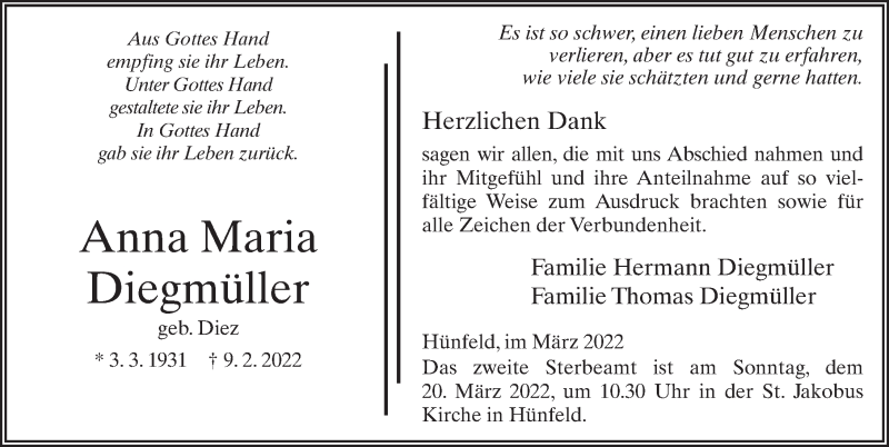  Traueranzeige für Anna Maria Diegmüller vom 18.03.2022 aus FZ