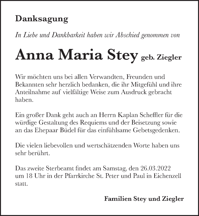  Traueranzeige für Anna Maria Stey vom 23.03.2022 aus FZ