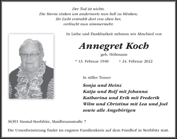 Traueranzeige von Annegret Koch von FZ