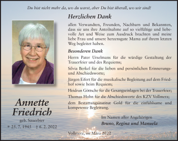 Traueranzeige von Annette Friedrich von FZ