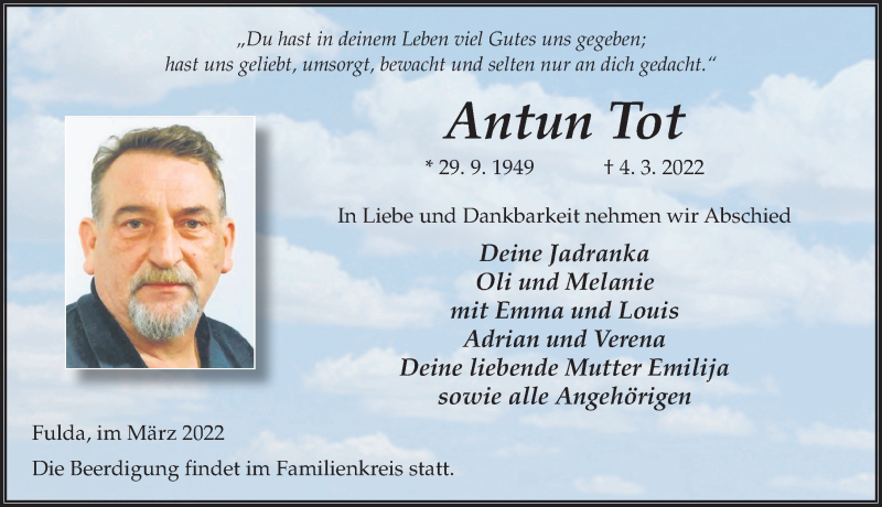  Traueranzeige für Antun Tot vom 08.03.2022 aus FZ
