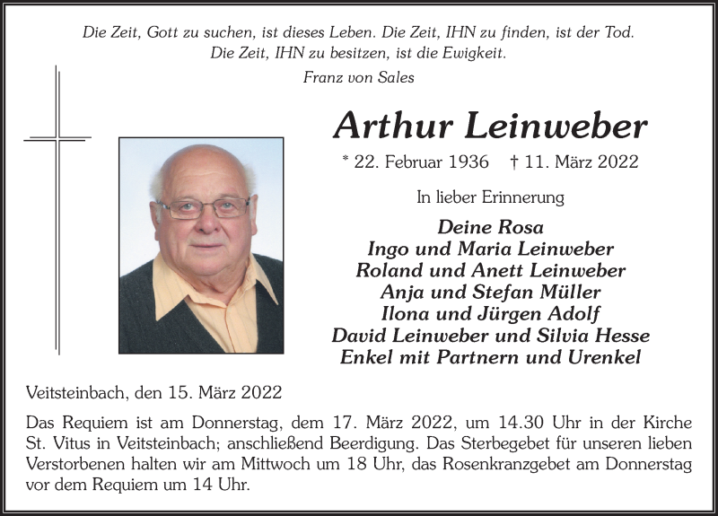 Traueranzeige für Arthur Leinweber vom 15.03.2022 aus FZ