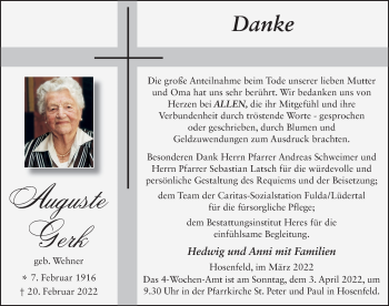 Traueranzeige von Auguste Gerk von FZ