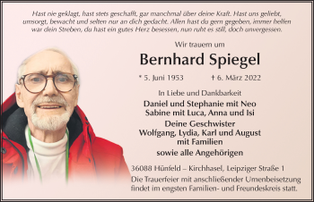 Traueranzeige von Bernhard Spiegel von FZ
