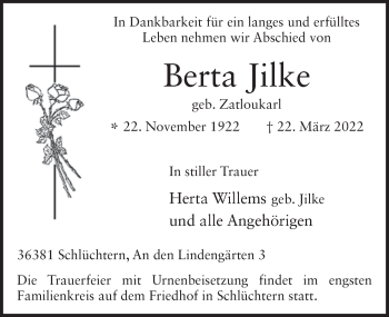 Traueranzeige von Berta Jilke von FZ