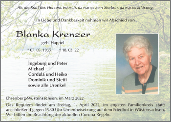 Traueranzeige von Blanka Krenzer von FZ