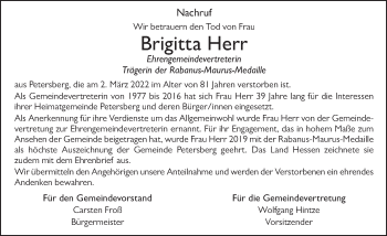 Traueranzeige von Brigitta Herr von FZ