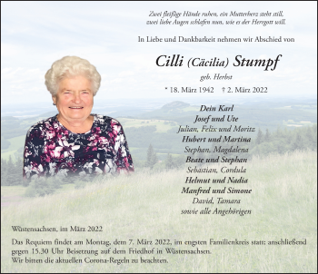 Traueranzeige von Cäcilia Stumpf von FZ
