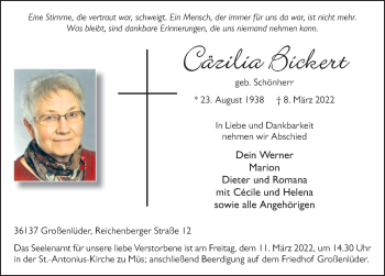 Traueranzeige von Cäzilia Bickert von FZ