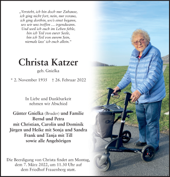 Traueranzeige von Christa Katzer von FZ