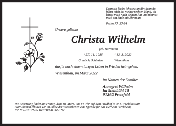 Traueranzeige von Christa Wilhelm von FZ