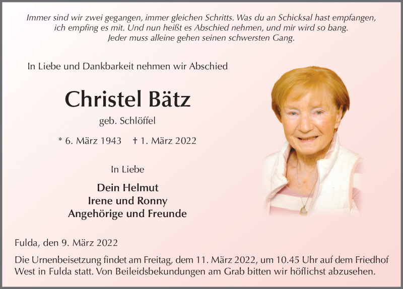  Traueranzeige für Christel Bätz vom 09.03.2022 aus FZ