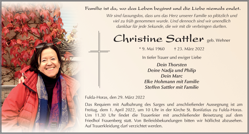  Traueranzeige für Christine Sattler vom 29.03.2022 aus FZ