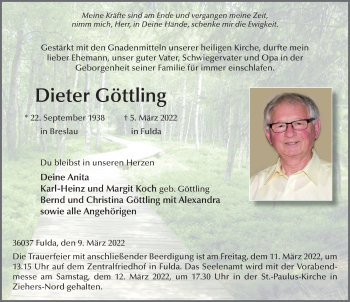 Traueranzeige von Dieter Göttling von FZ
