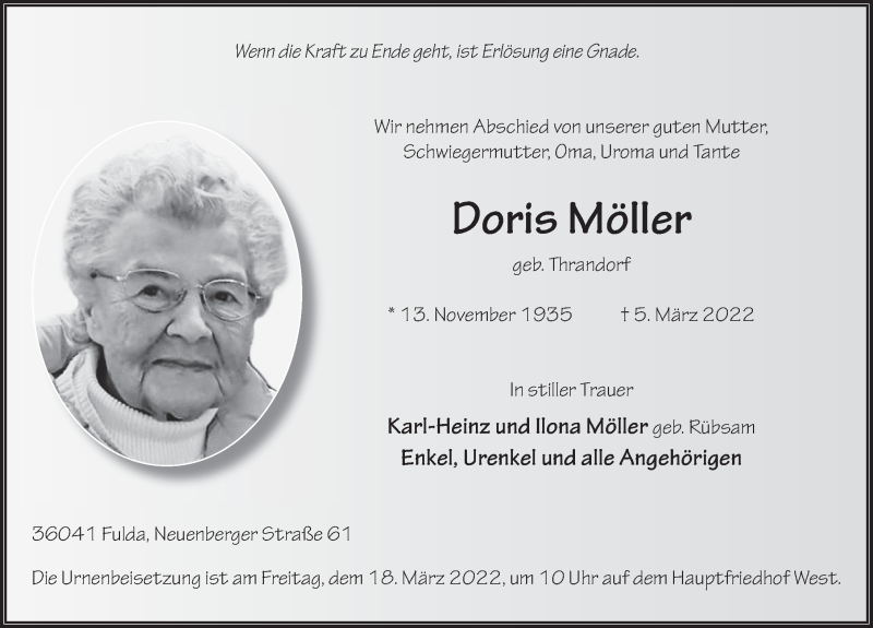 Traueranzeige für Doris Möller vom 09.03.2022 aus FZ