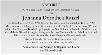 Traueranzeige von Dorothea Ratzel von FZ