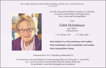 Traueranzeige von Edith Holzhäuser von FZ