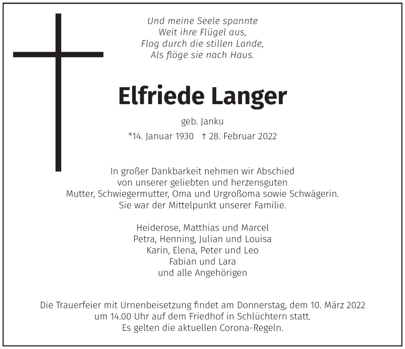  Traueranzeige für Elfriede Langer vom 05.03.2022 aus FZ