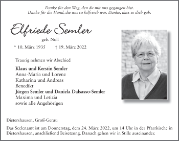 Traueranzeige von Elfriede Semler von FZ