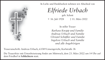 Traueranzeige von Elfriede Urbach von FZ