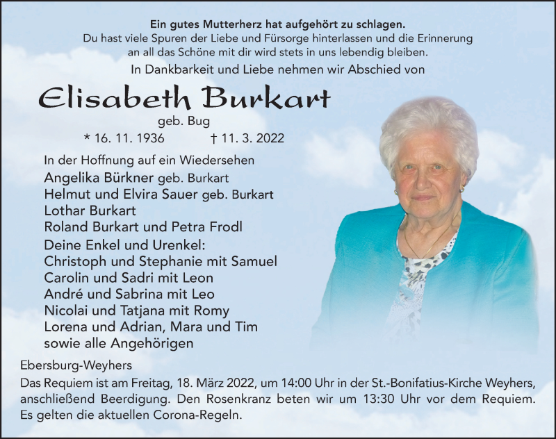  Traueranzeige für Elisabeth Burkart vom 16.03.2022 aus FZ