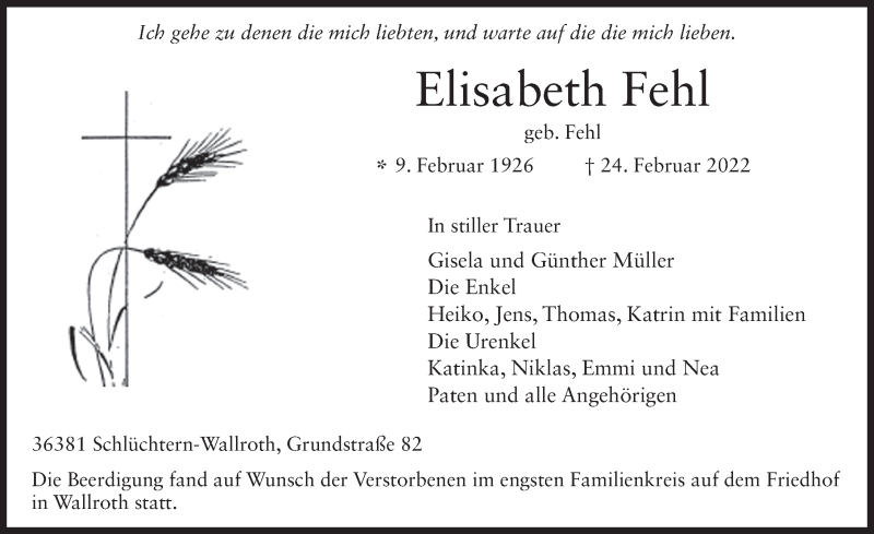  Traueranzeige für Elisabeth Fehl vom 05.03.2022 aus FZ