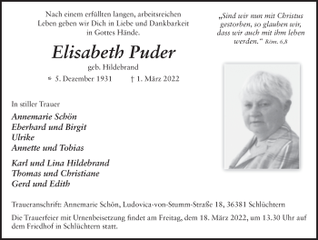 Traueranzeige von Elisabeth Puder von FZ