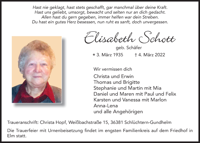  Traueranzeige für Elisabeth Schott vom 12.03.2022 aus FZ