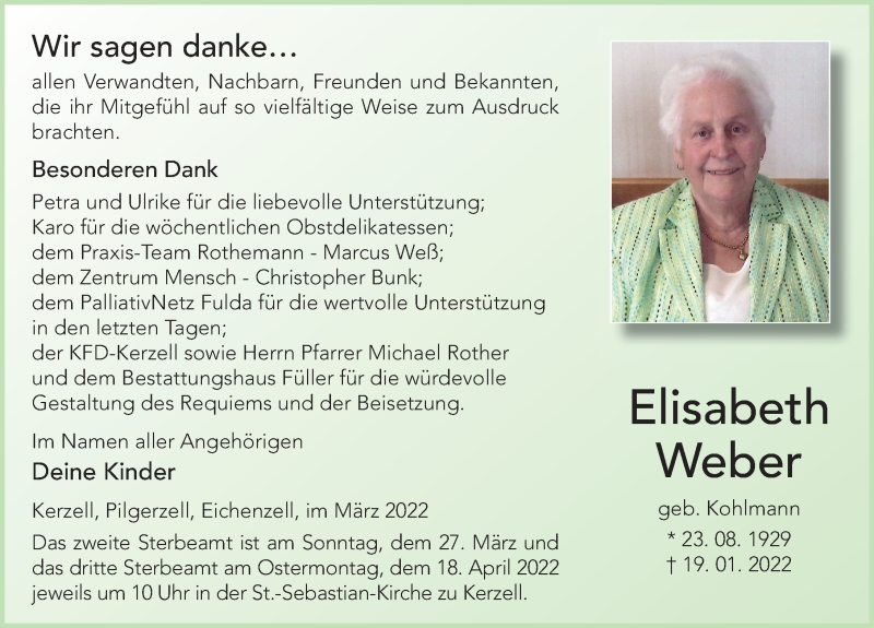  Traueranzeige für Elisabeth Weber vom 25.03.2022 aus FZ