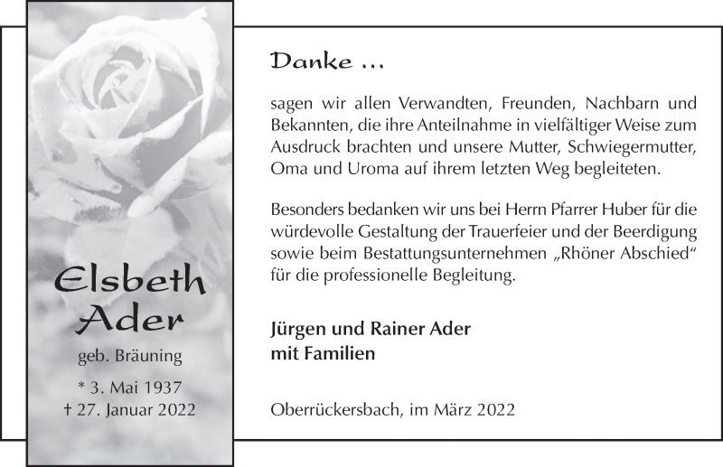 Traueranzeige für Elsbeth Ader vom 12.03.2022 aus FZ