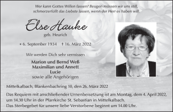 Traueranzeige von Else Hauke von FZ