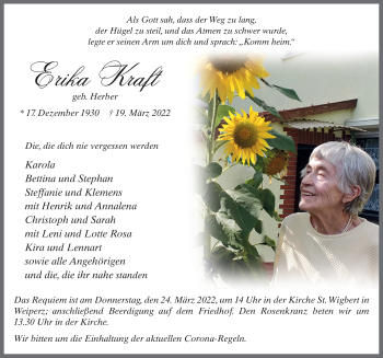 Traueranzeige von Erika Kraft von FZ