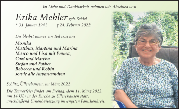 Traueranzeige von Erika Mehler von FZ
