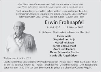 Traueranzeige von Erwin Frohnapfel von FZ