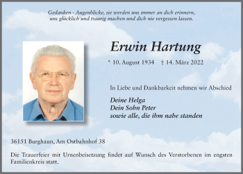 Traueranzeige von Erwin Hartung von FZ