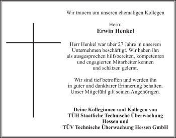 Traueranzeige von Erwin Henkel von FZ