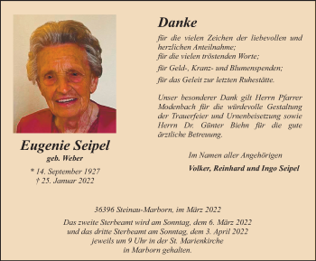 Traueranzeige von Eugenie Seipel von FZ