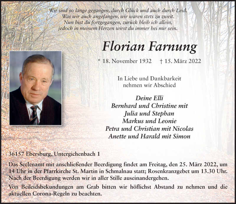  Traueranzeige für Florian Farnung vom 23.03.2022 aus FZ
