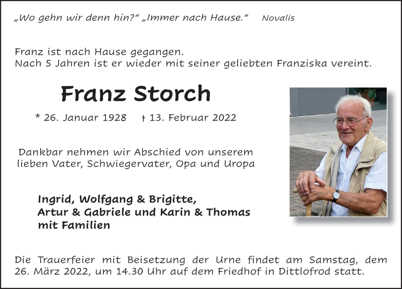  Traueranzeige für Franz Storch vom 19.03.2022 aus FZ