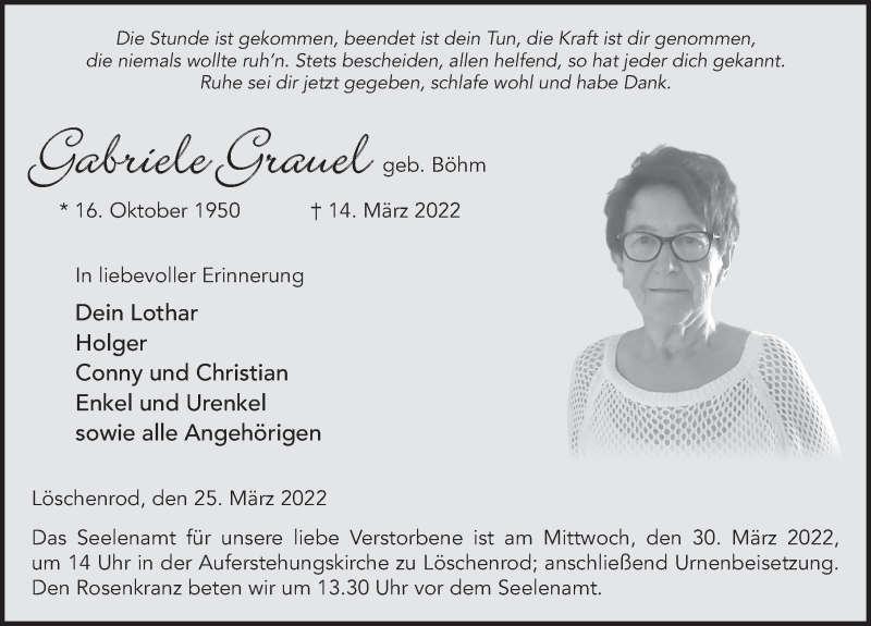  Traueranzeige für Gabriele Grauel vom 25.03.2022 aus FZ
