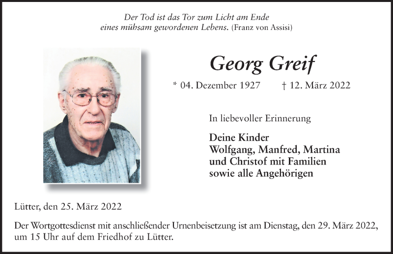  Traueranzeige für Georg Greif vom 25.03.2022 aus FZ