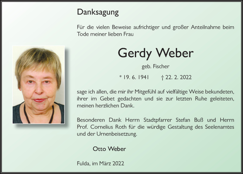  Traueranzeige für Gerdy Weber vom 26.03.2022 aus FZ