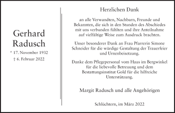 Traueranzeige von Gerhard Radusch von FZ