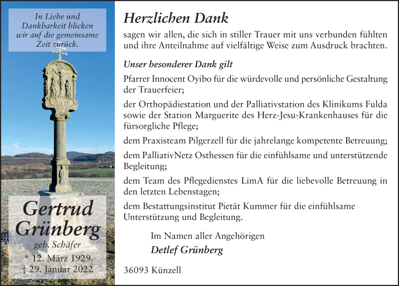  Traueranzeige für Gertrud Grünberg vom 04.03.2022 aus FZ