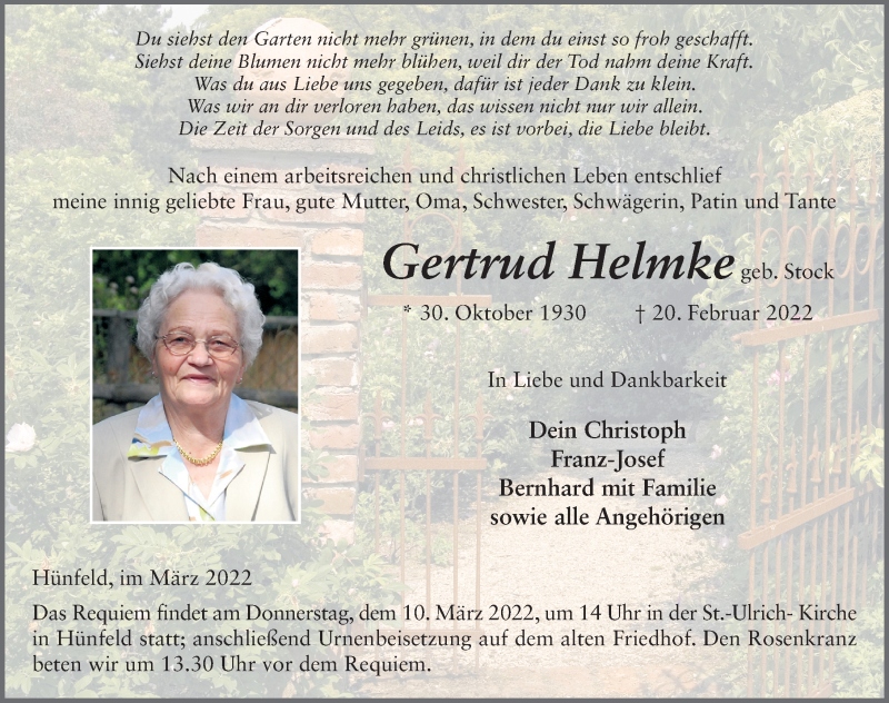  Traueranzeige für Gertrud Helmke vom 05.03.2022 aus FZ