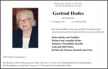 Traueranzeige von Gertrud Hodes von FZ