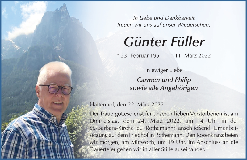  Traueranzeige für Günter Füller vom 22.03.2022 aus FZ