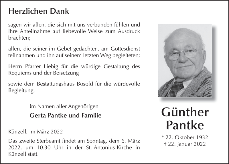  Traueranzeige für Günther Pantke vom 03.03.2022 aus FZ