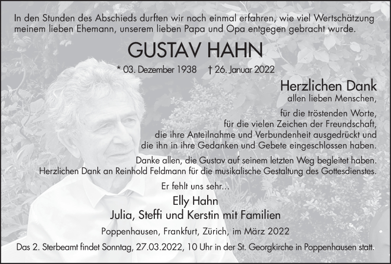  Traueranzeige für Gustav Hahn vom 22.03.2022 aus FZ