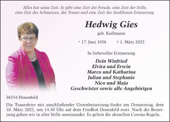 Traueranzeige von Hedwig Gies von FZ
